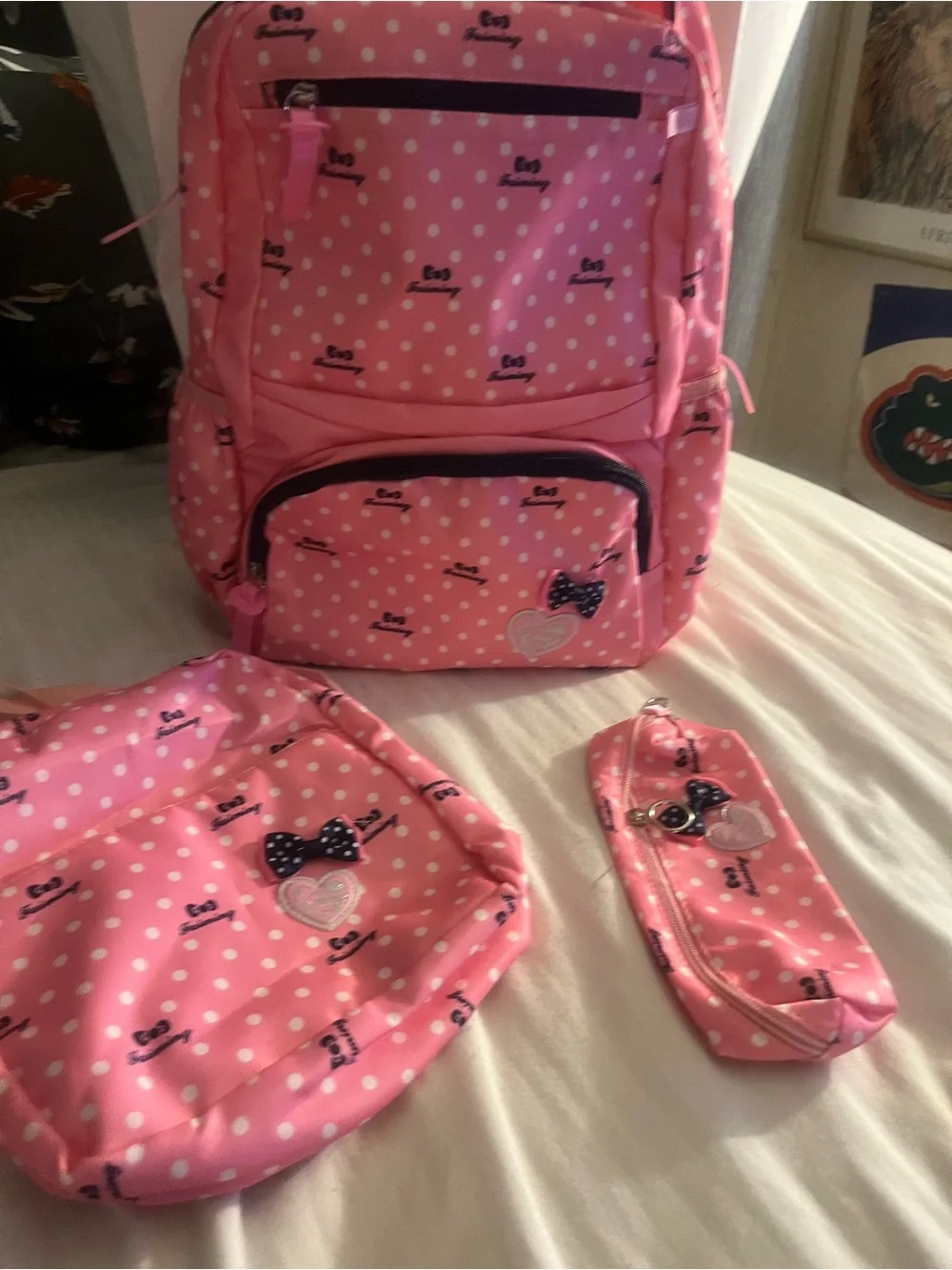 Kids Pink Polka Dot Backpack Set with Bow Accent and Matching Pouch